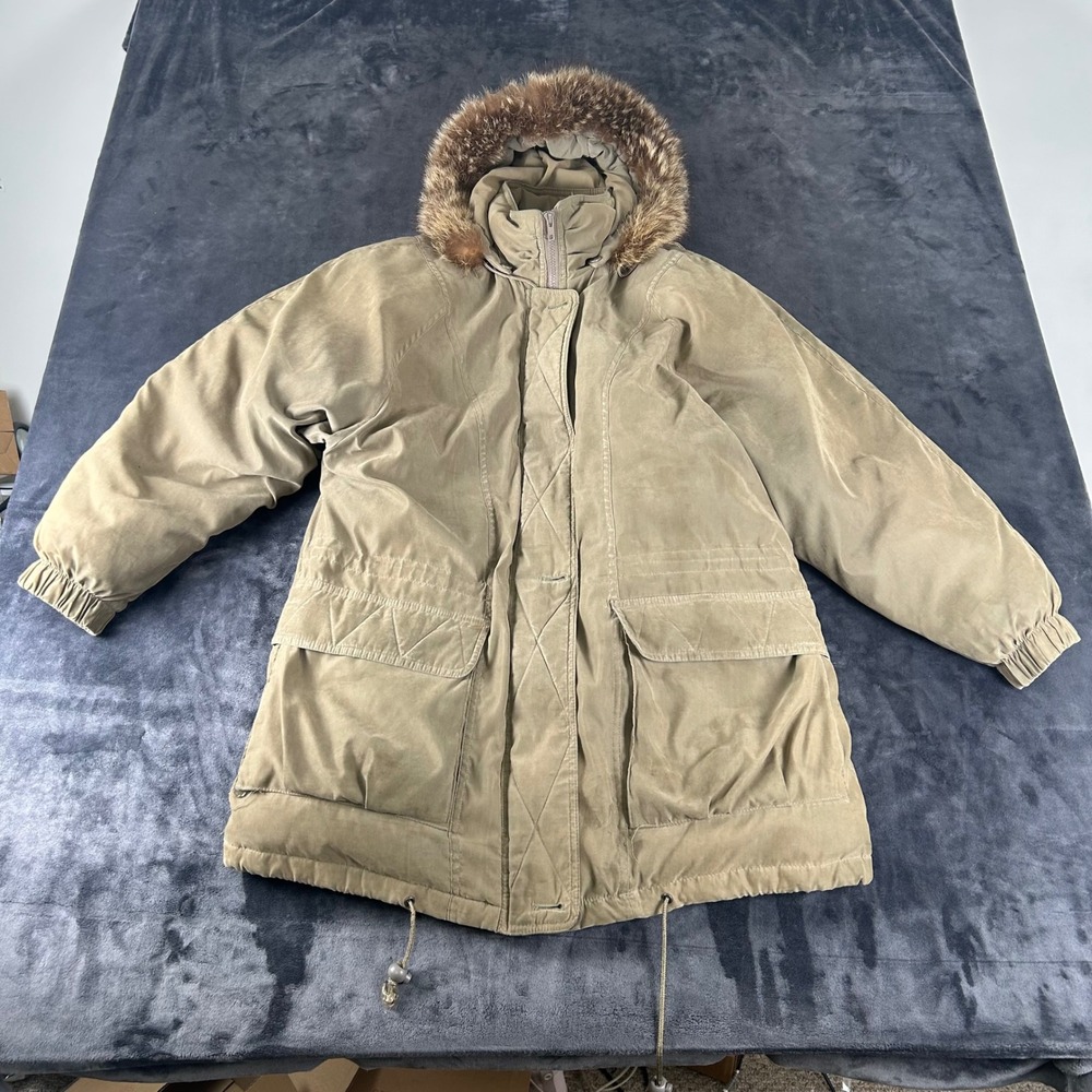 John Weitz Parka Jacket Mens M Tan Down Fill Raccoon Fur Trim Hood Heavy Coat